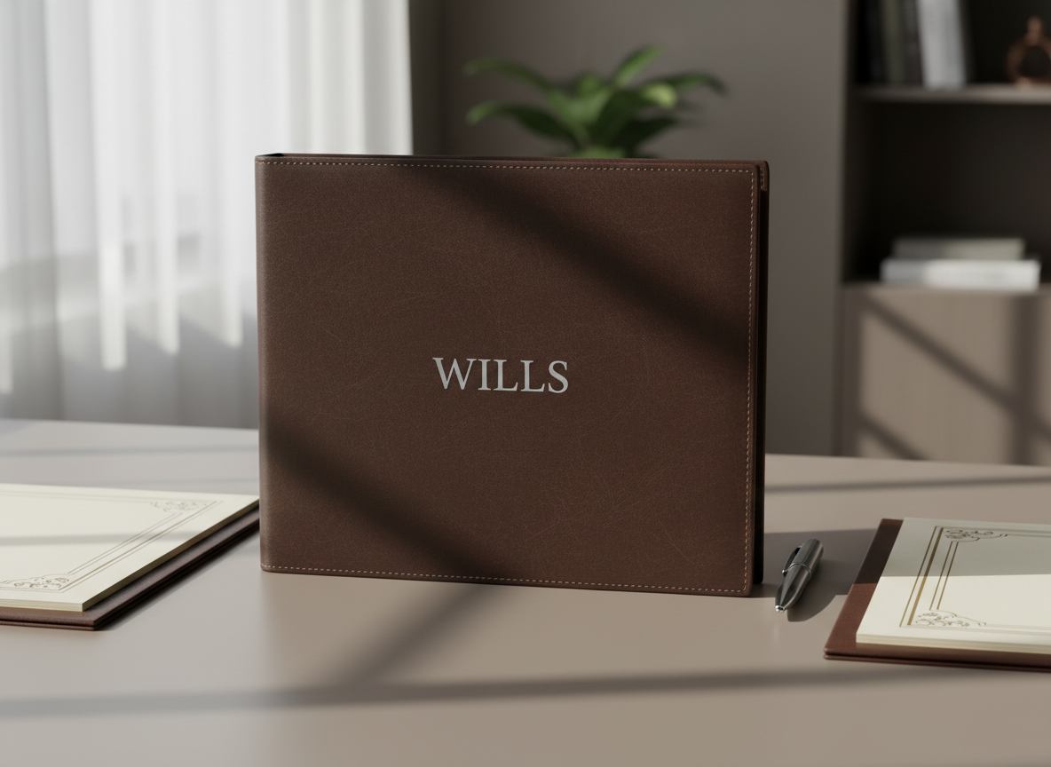 A close-up of an elegant, leather-bound legal portfolio embossed with the word 'Wills' in understated silver lettering. The supple texture of the dark leather contrasts elegantly against a smooth, neutral-hued desktop. Flanking the portfolio are crisp pages with embossed borders and a simple, polished metal pen set parallel to the spine. Gentle diffuse lighting from a nearby window enhances the tactile qualities and creates layered soft shadows, giving the scene a composed and sophisticated vibe. Framed with a shallow depth of field and centered subject, the overall effect is modern, minimalist, and evokes a sense of discretion and professionalism ideal for legal document services.
